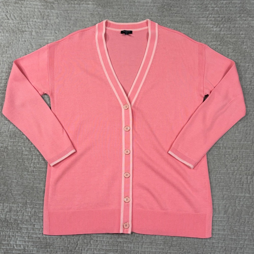 Talbots Petite Pink V-Neck Striped Trim Cotton Rayon Cardigan Sweater MP VN5272